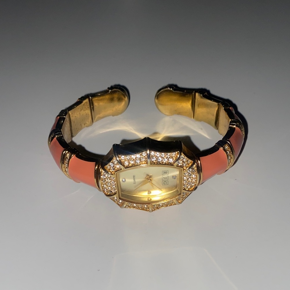 R.J. Graziano Gold-Tone Crystal Stretch Cuff Watch with Coral Enamel Accents